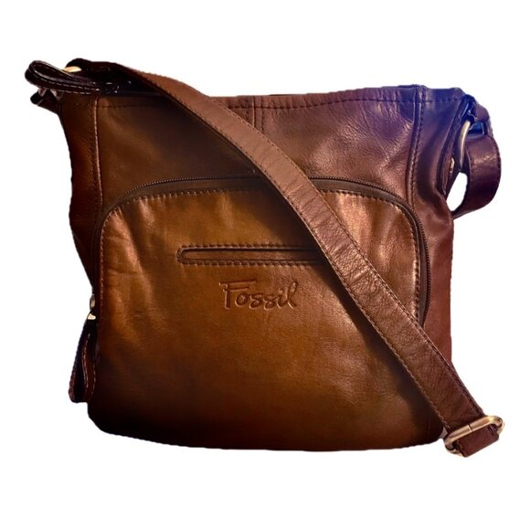 Fossil Brown Leather Crossbody Bag with Adjustable Strap and Vintage Look - Picture 1 of 9